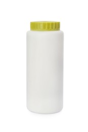 Bottle of dusting powder isolated on white, space for design. Baby cosmetic product
