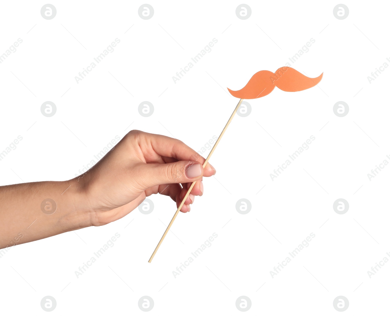 Photo of Woman with fake paper mustache on white background, closeup