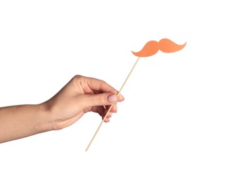 Woman with fake paper mustache on white background, closeup