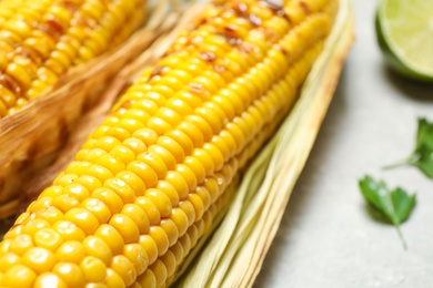 Delicious grilled corn cobs on light table, closeup