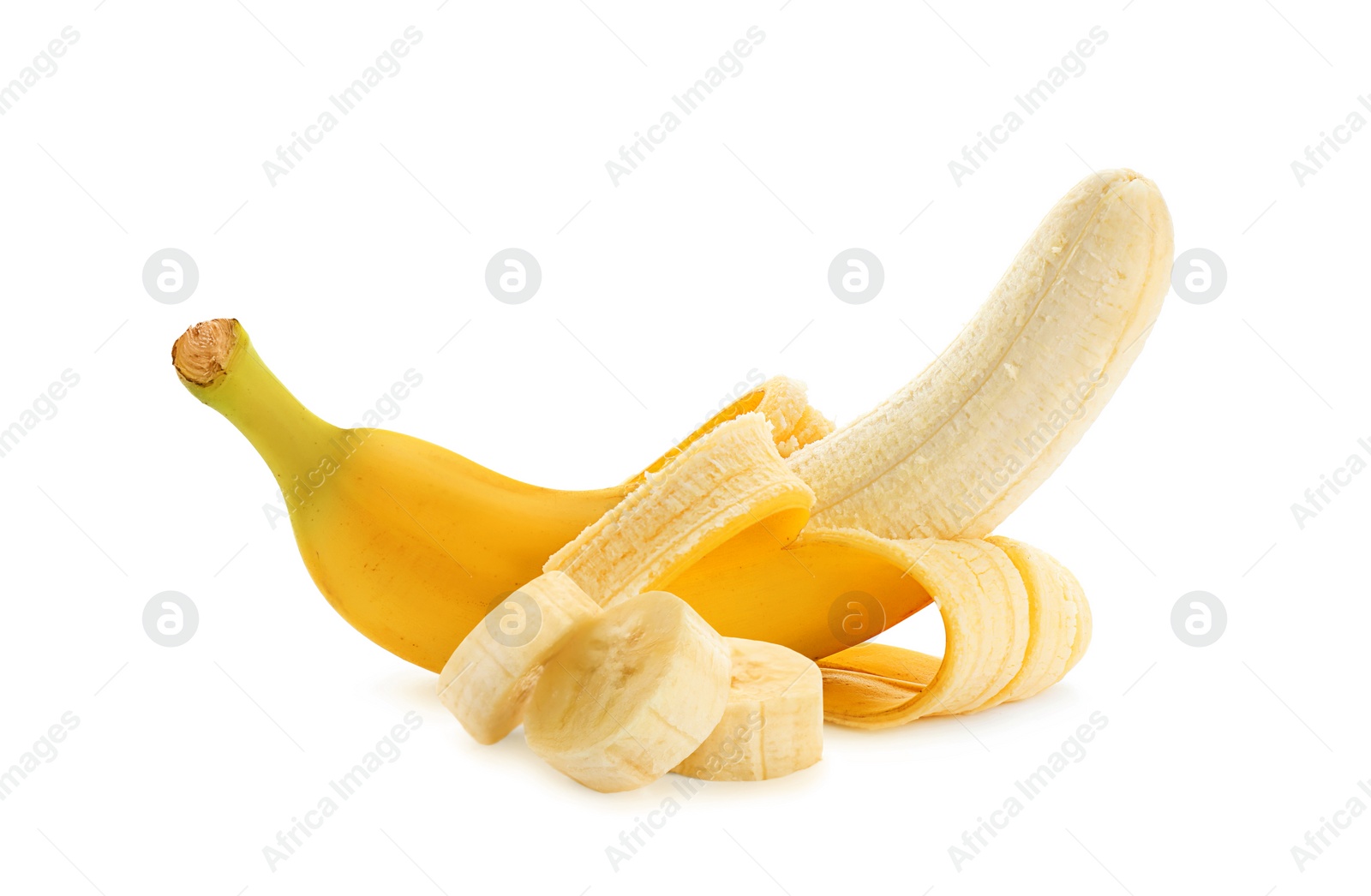 Image of Delicious ripe banana and pieces on white background