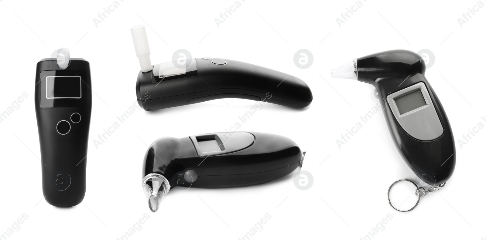 Image of Set with modern digital breathalyzers on white background, banner design