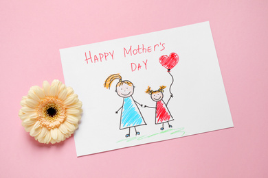 Drawing for Mother's day and flower on pastel pink background, flat lay