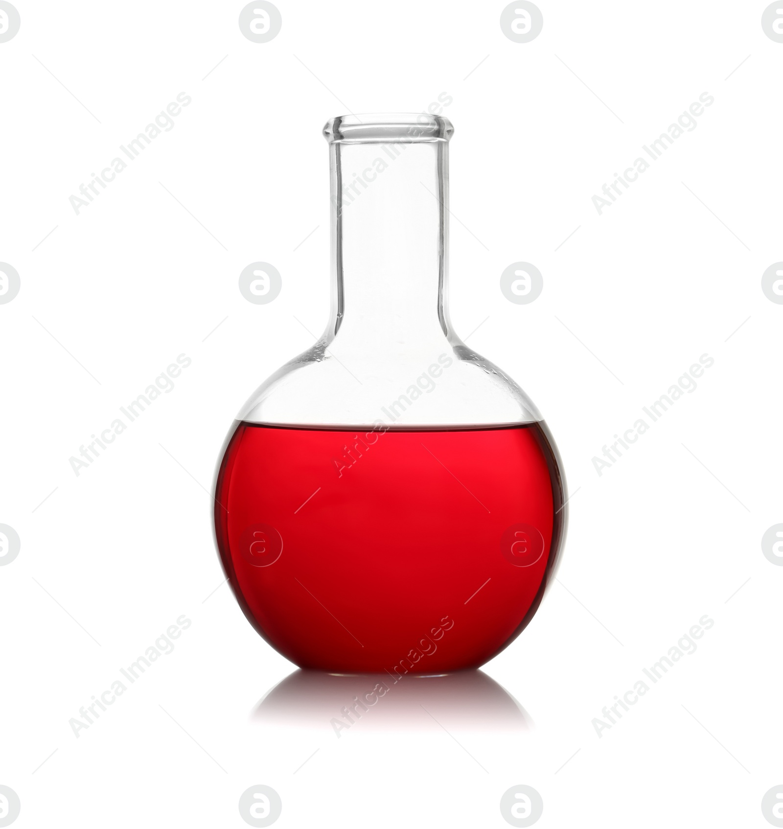 Photo of Florence flask with red liquid on white background. Laboratory glassware