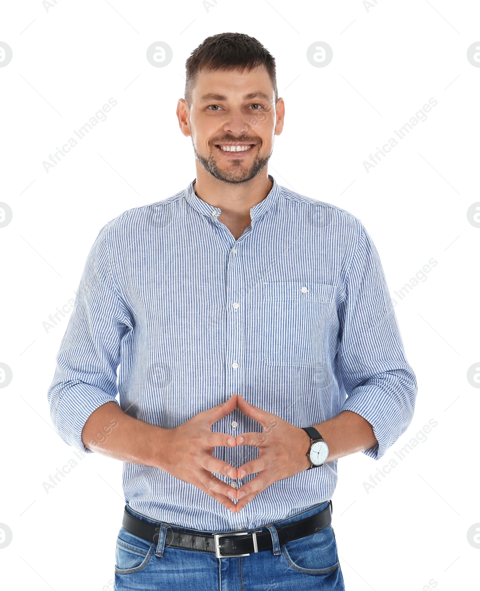 Photo of Professional business trainer posing on white background