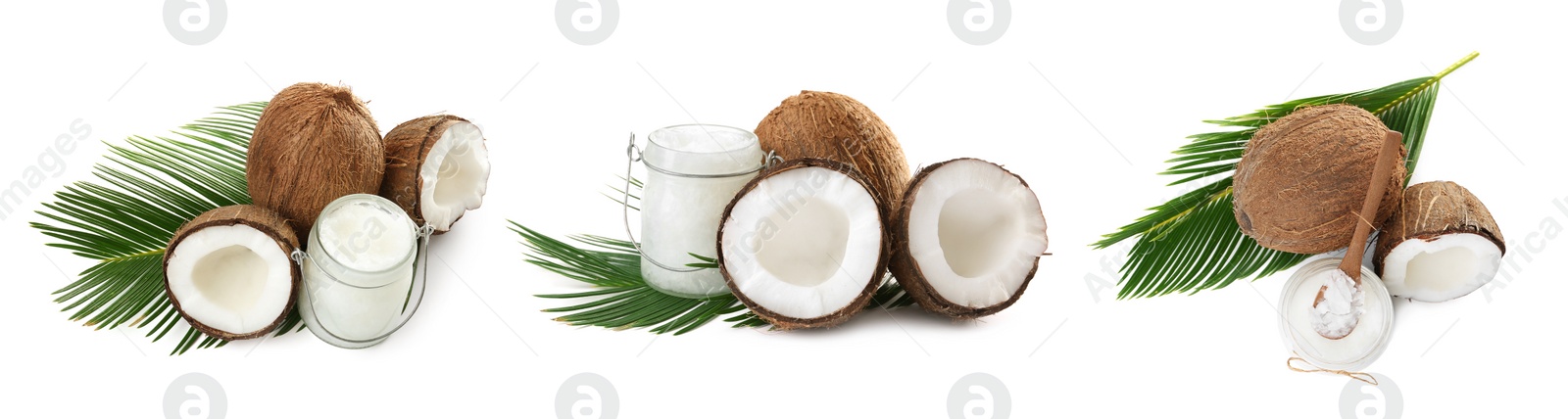 Image of Set of coconuts and organic cooking oil on white background. Banner design