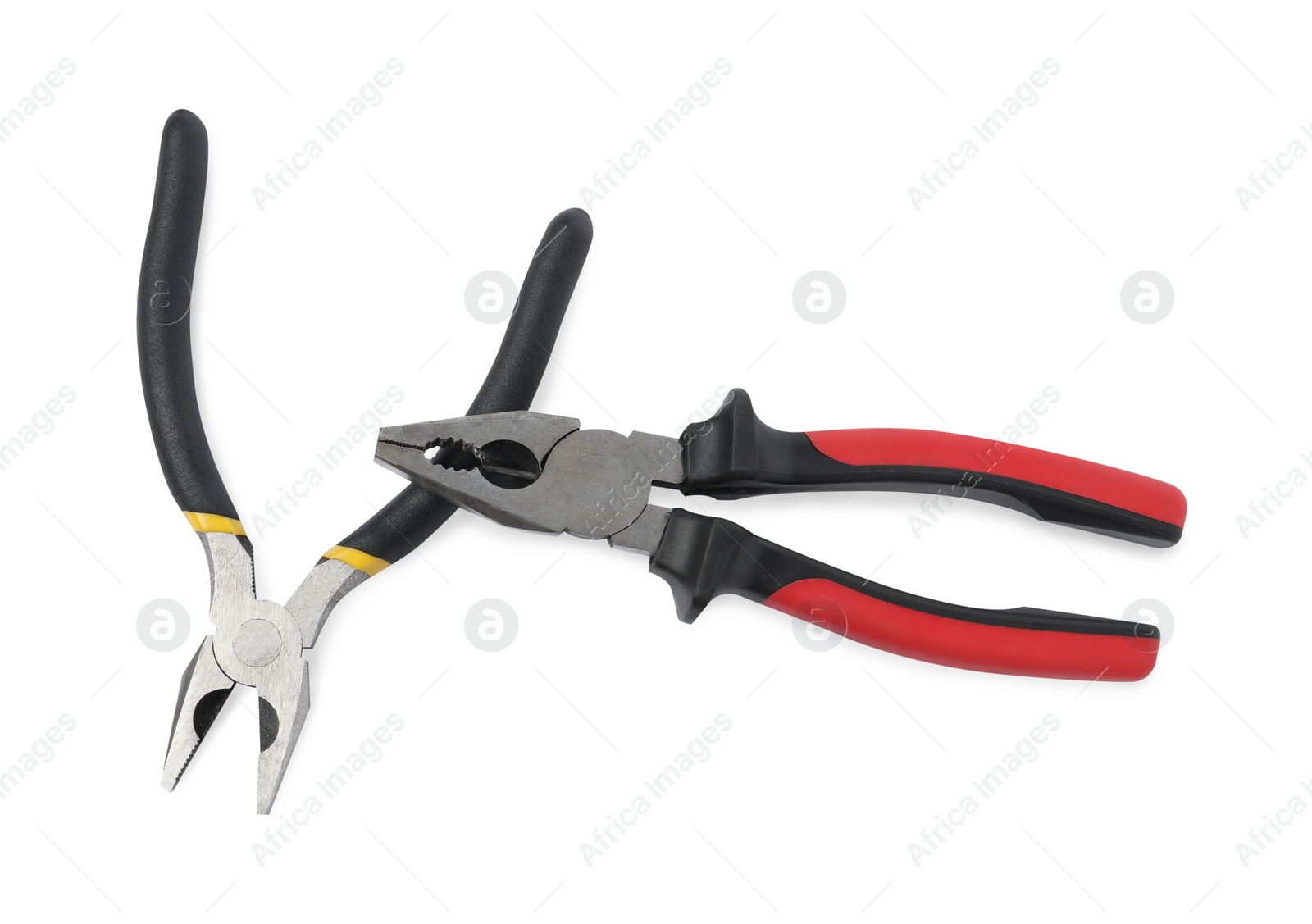 Photo of Different pliers isolated on white, top view