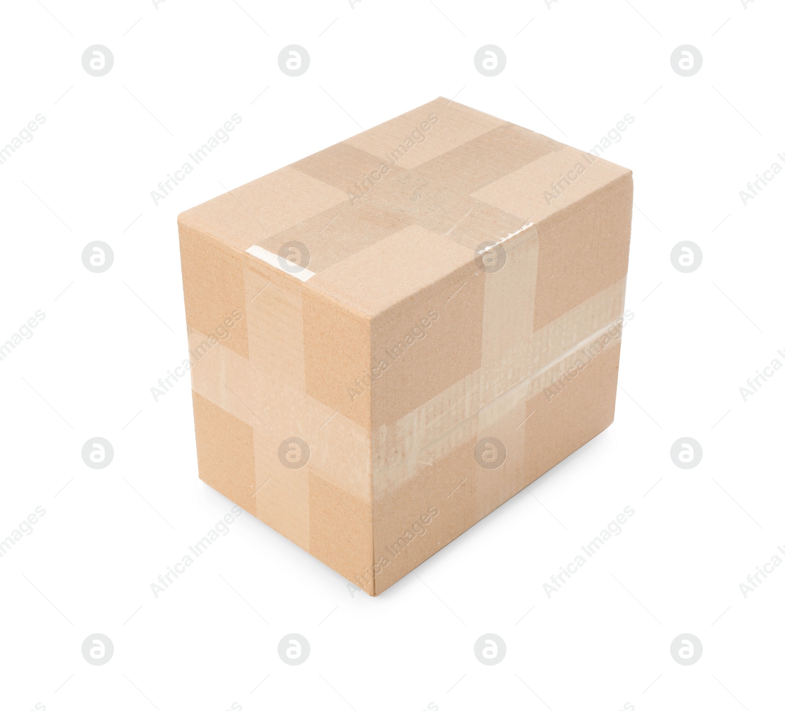 Photo of One closed cardboard box on white background