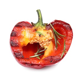 Photo of Half of grilled bell pepper and rosemary isolated on white, above view