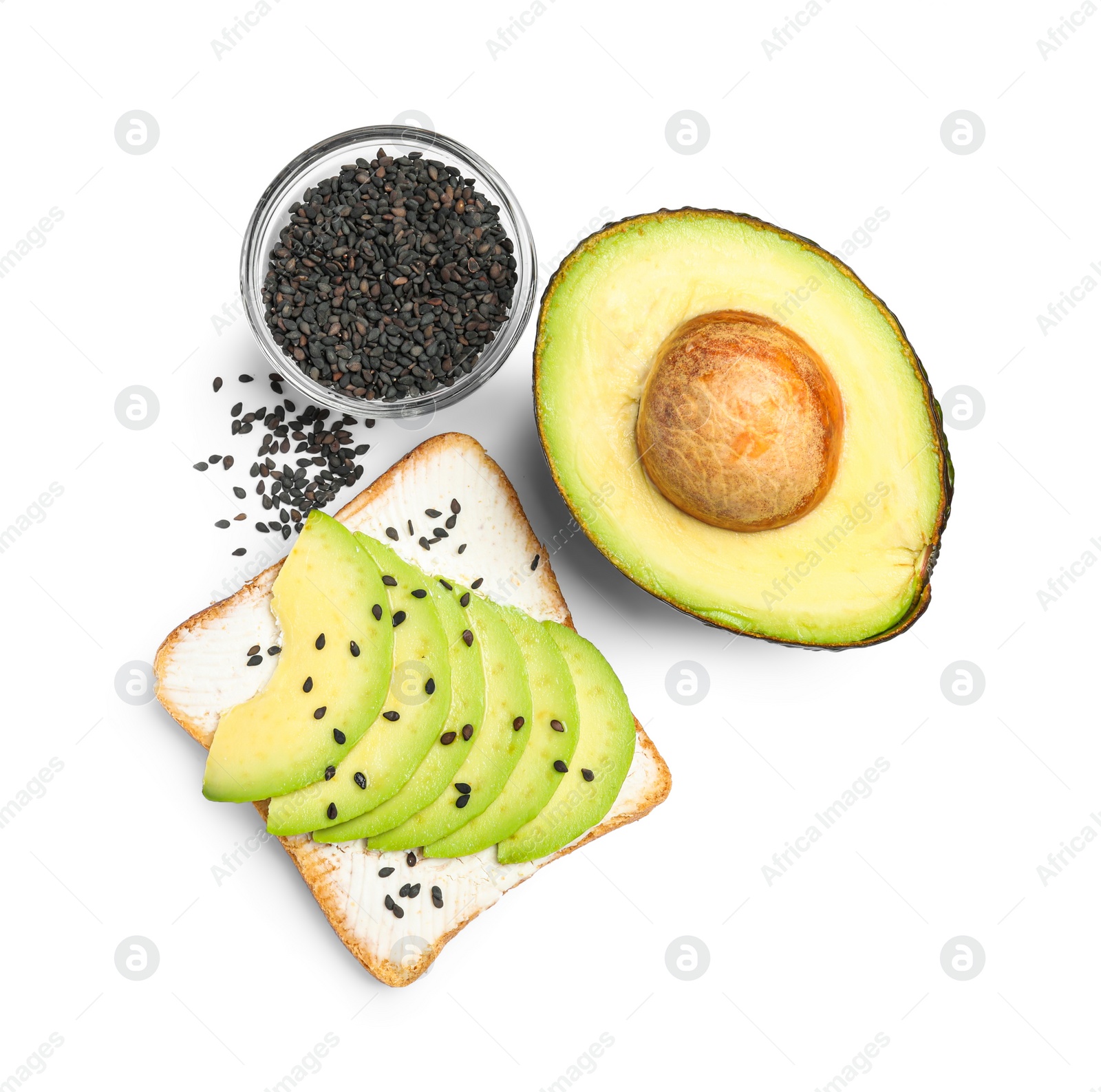 Photo of Delicious toast with cream cheese, avocado and black sesame seeds isolated on white, top view