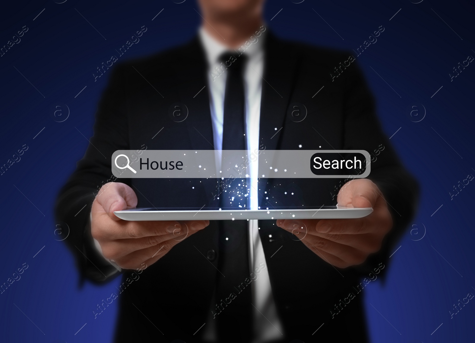 Image of Real estate agent holding tablet on dark blue background, closeup. Virtual search bar with word House over device