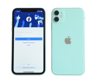 Image of MYKOLAIV, UKRAINE - JULY 07, 2020: New modern iPhone 11 with Facebook app on screen against white background, back and front views