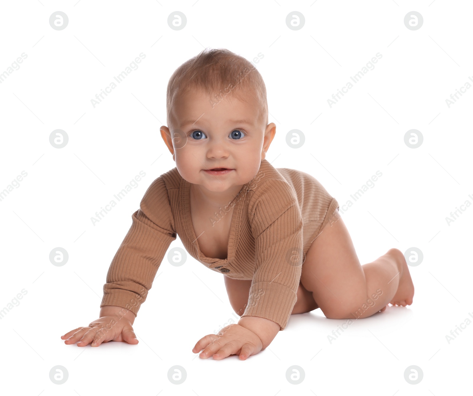 Photo of Cute little baby crawling on white background