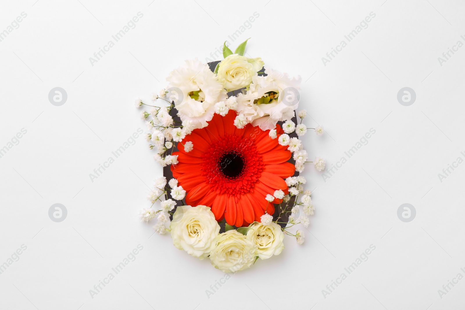 Photo of Number 0 made of beautiful flowers on white background, top view
