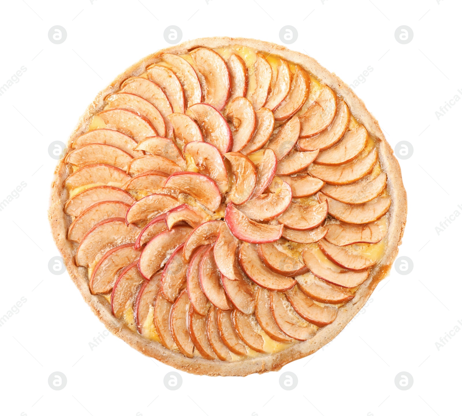 Photo of Tasty apple pie isolated on white, top view