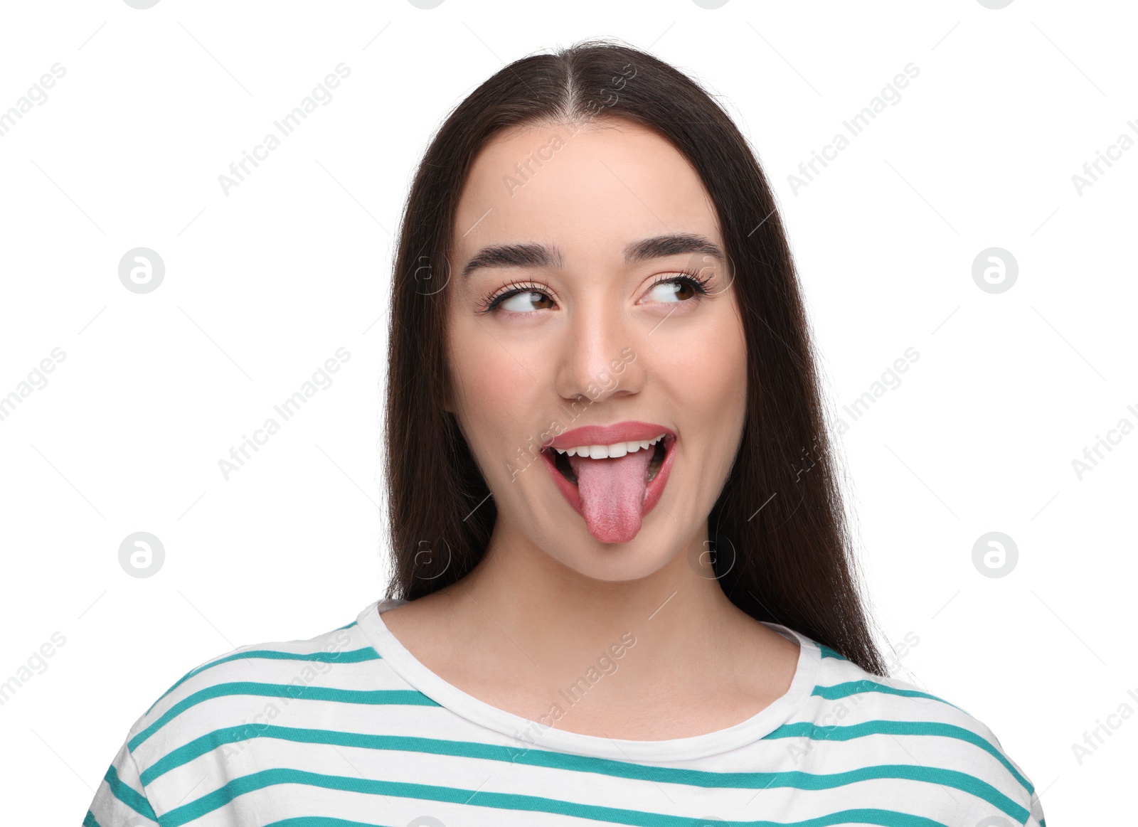 Photo of Happy woman showing her tongue on white background