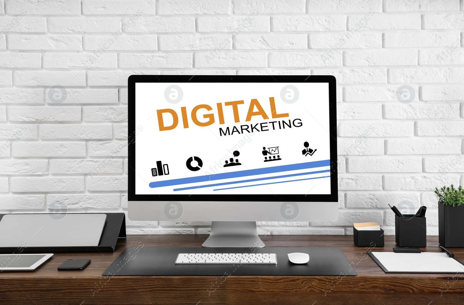 Digital marketing concept. Workplace with modern computer Image of Digital marketing concept. Workplace with modern computer