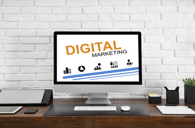 Image of Digital marketing concept. Workplace with modern computer 