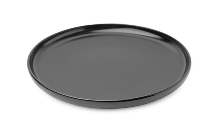Photo of One black ceramic plate isolated on white. Cooking utensil