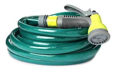 Photo of Green rubber watering hose with nozzle isolated on white