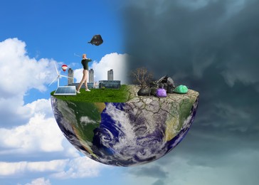 Environmental pollution. Collage divided into clean and contaminated Earth against sky. Halved globe showing solar panels, wind turbine, man playing golf and green grass on one side and cracked soil with trash bags full of garbage on the other