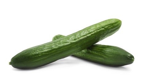 Photo of Two long fresh cucumbers isolated on white