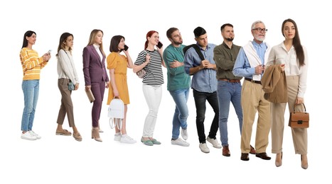 Image of People waiting in queue on white background