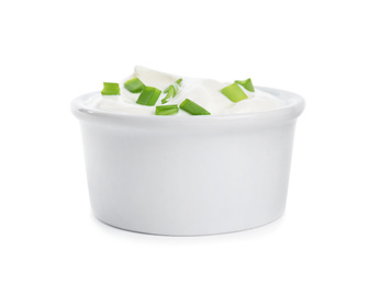 Photo of Fresh sour cream with onion on white background