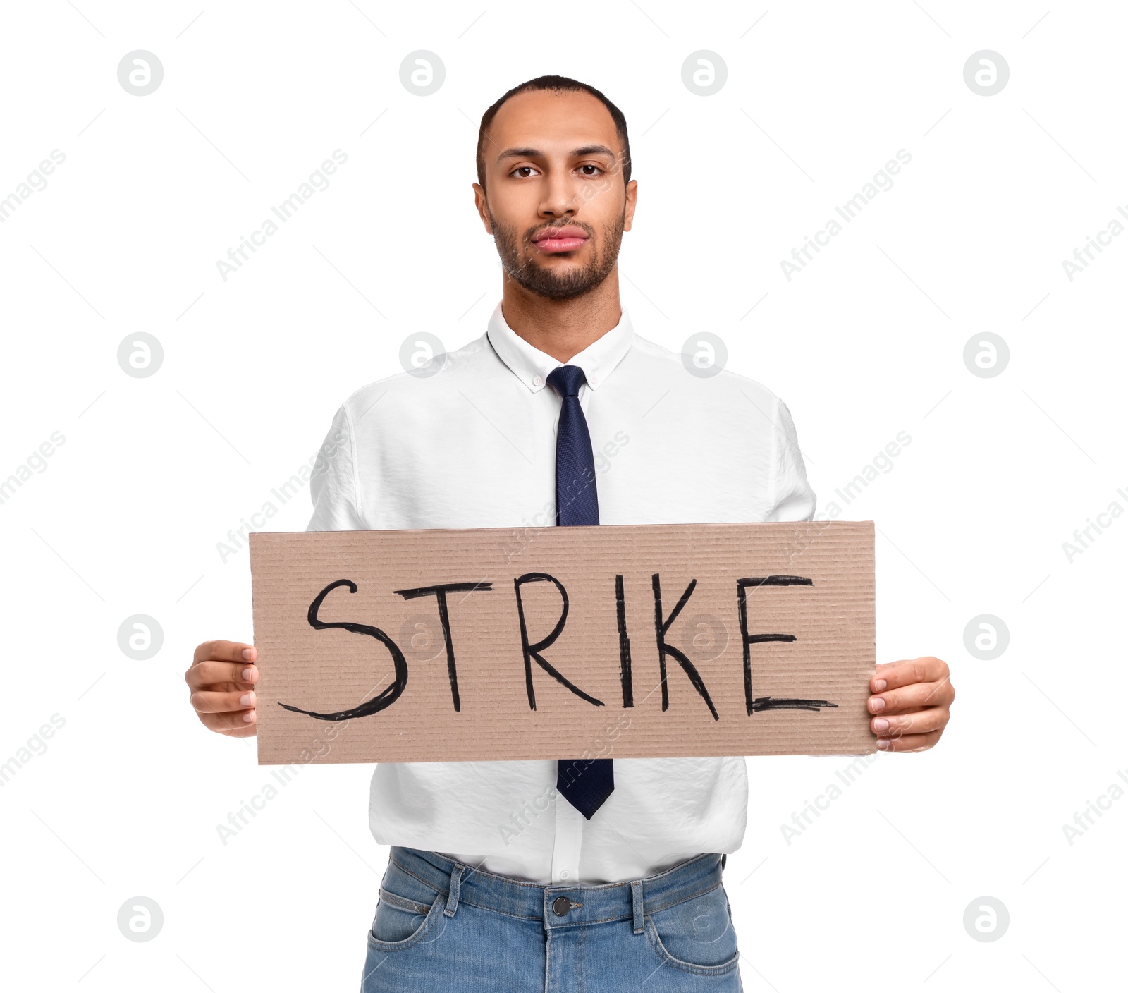 Photo of Man holding cardboard banner with word Strike on white background