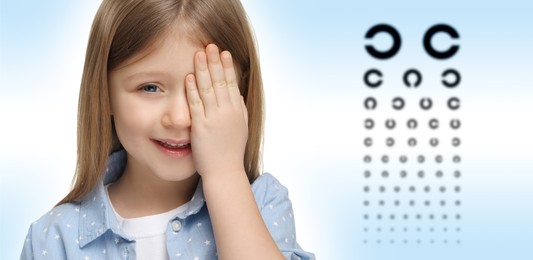 Image of Vision test. Little girl and eye chart on gradient background. Banner design