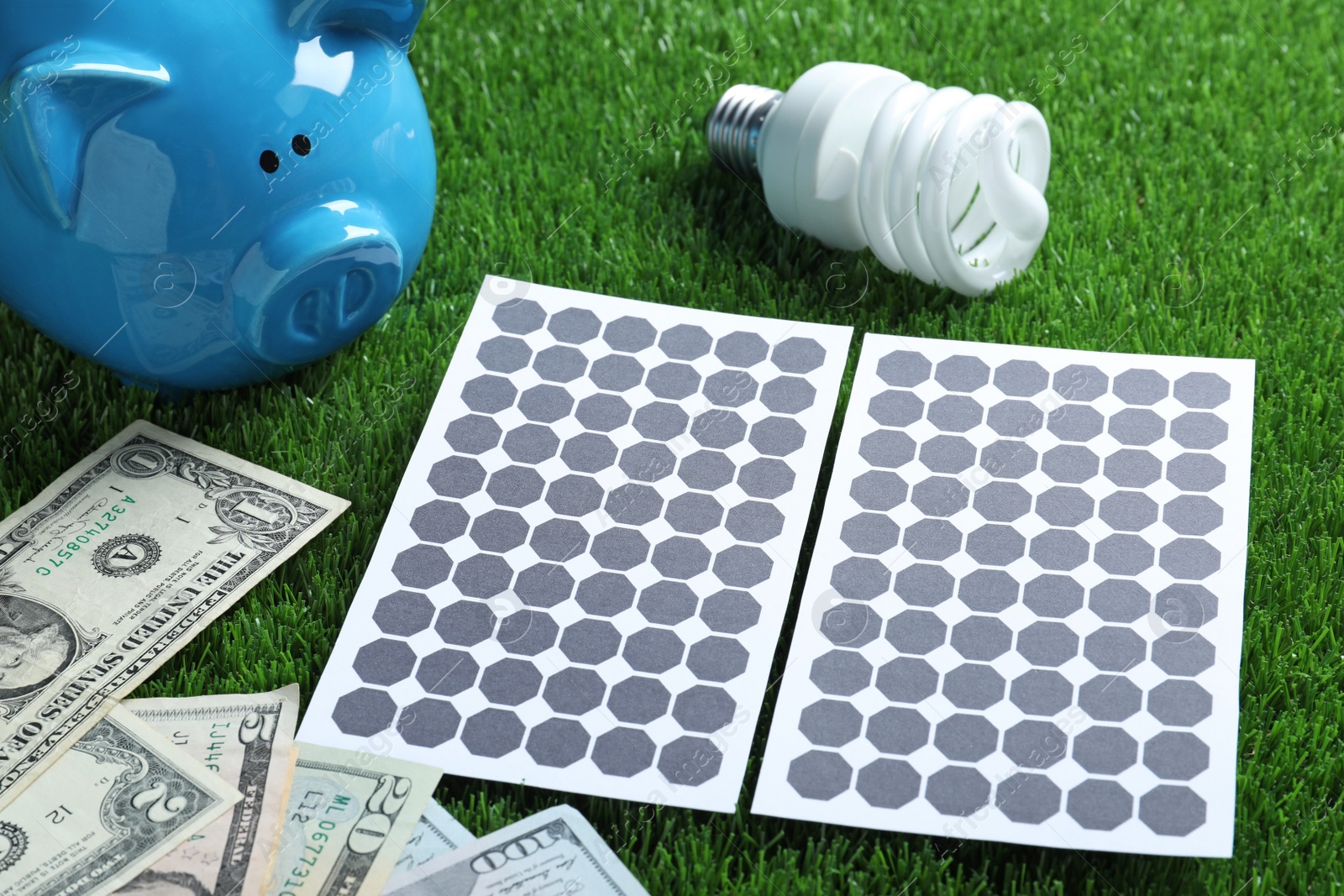 Photo of Solar panels, light bulb and piggy bank on green grass