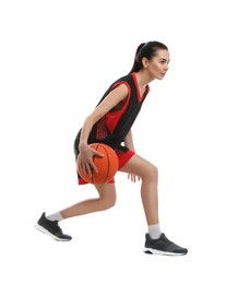 Professional sportswoman playing basketball on white background
