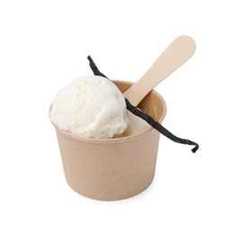 Photo of Paper cup with delicious ice cream and vanilla pod isolated on white