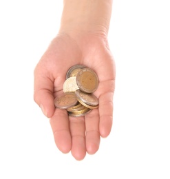 Woman holding coins in hand on white background, closeup