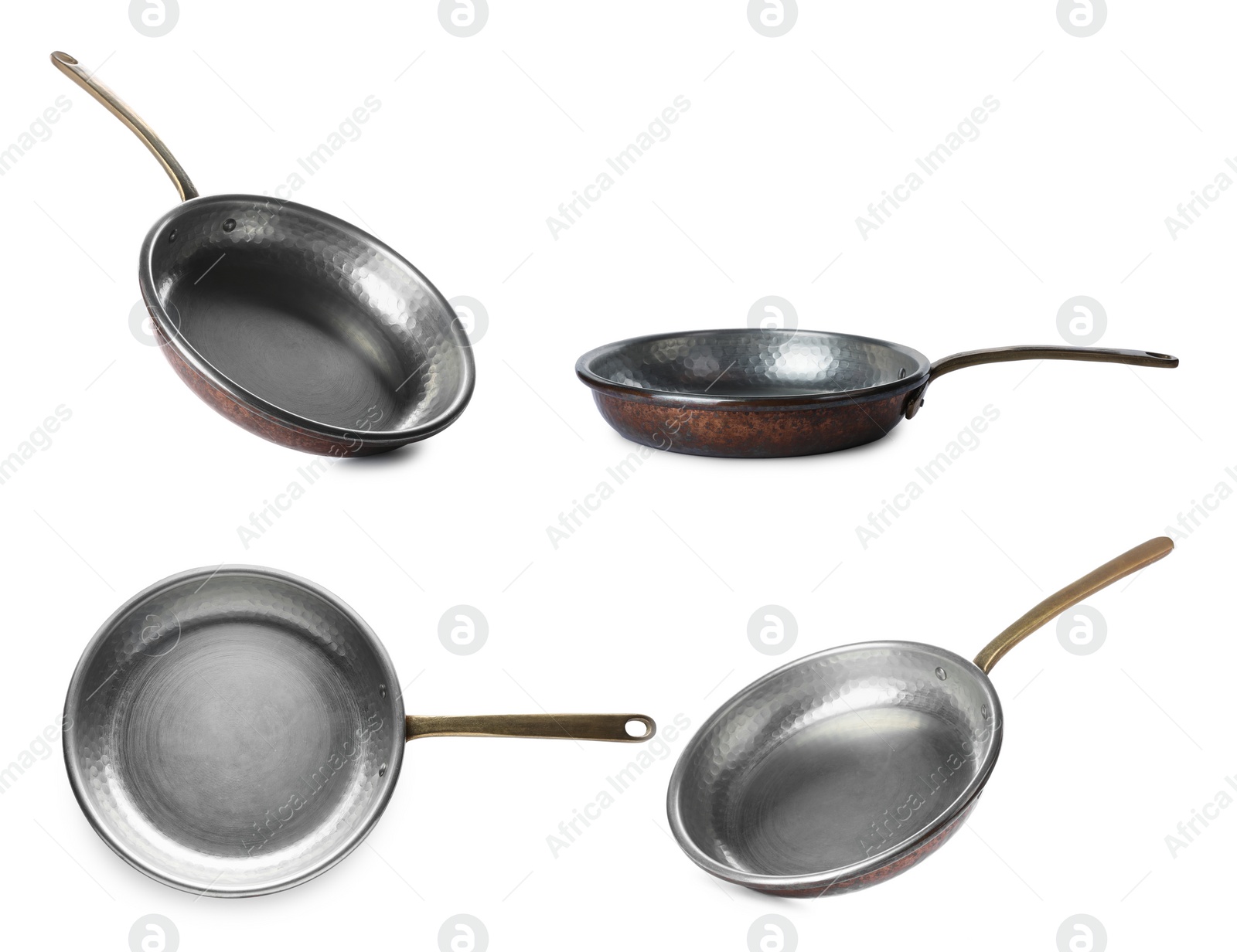 Image of Set with new frying pans on white background