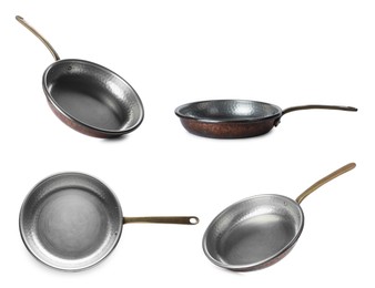 Image of Set with new frying pans on white background