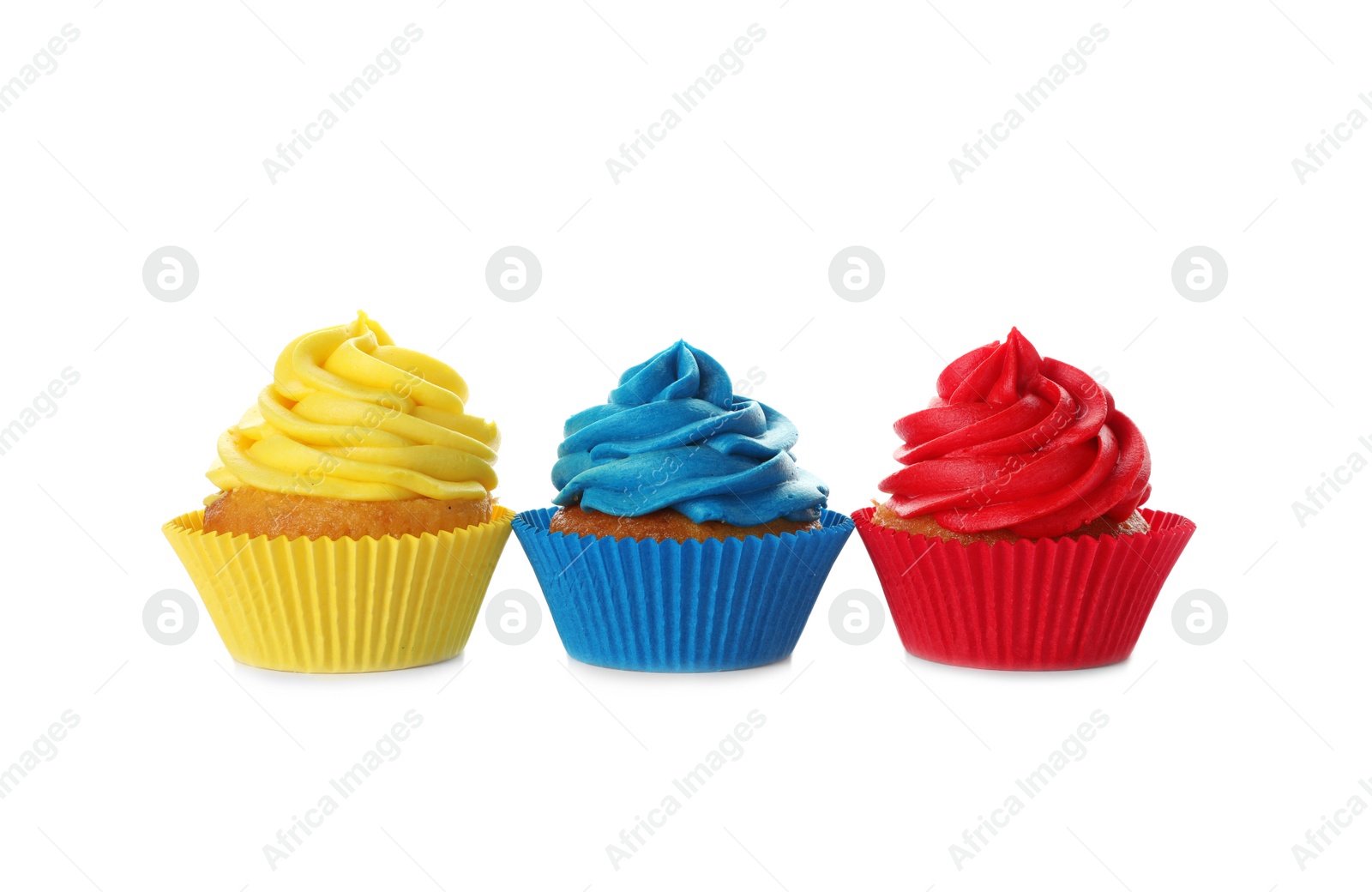 Photo of Delicious birthday cupcakes decorated with cream isolated on white