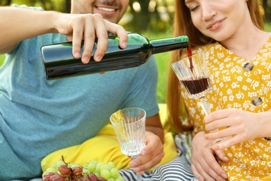 Young couple with wine and glasses having picnic outdoors, closeup