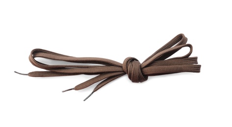 Dark brown shoe laces tied in knot isolated on white, top view
