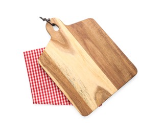 Photo of Wooden cutting board with kitchen towel isolated on white, top view. Cooking utensil