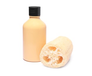 Photo of New loofah sponge and bottle of cosmetic product on white background