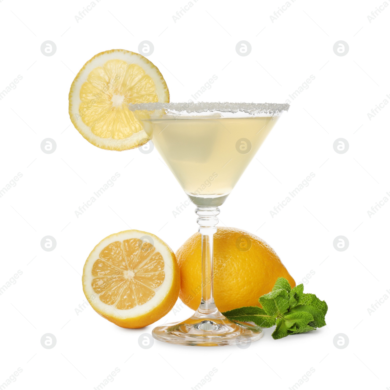 Photo of Lemon drop martini cocktail and fresh fruits on white background