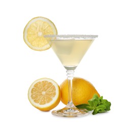 Photo of Lemon drop martini cocktail and fresh fruits on white background