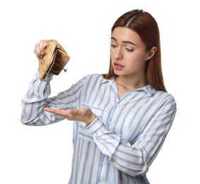 Upset woman with empty wallet on white background