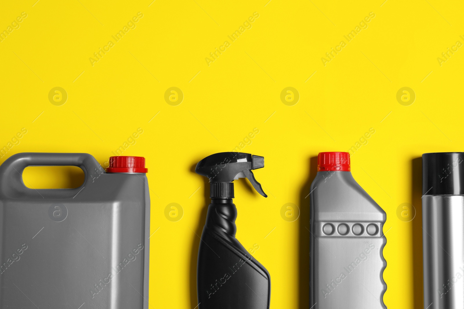 Photo of Different car products on yellow background, flat lay. Space for text