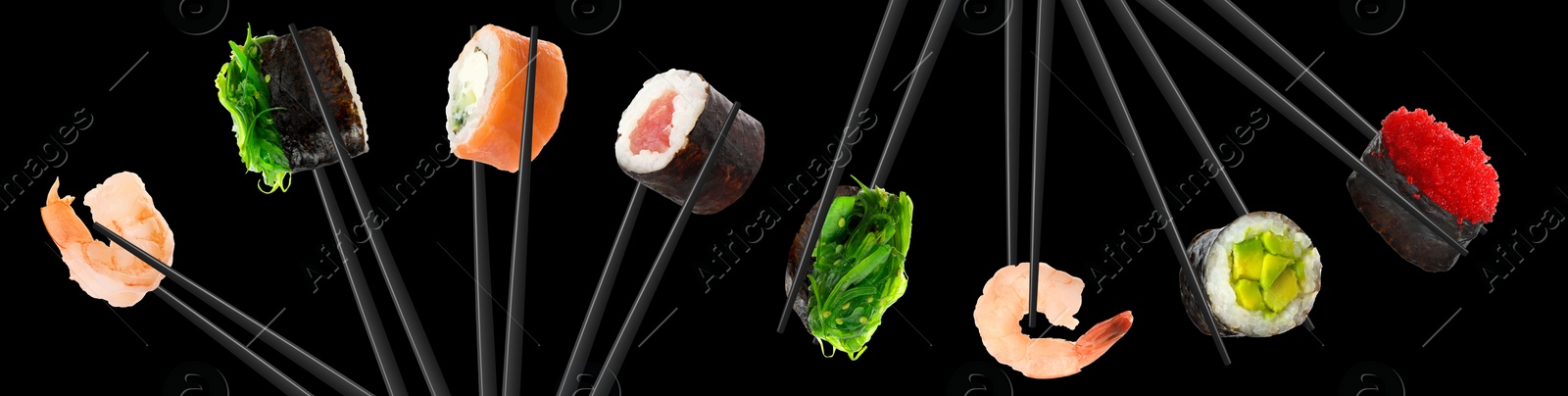 Image of Collage of different sushi rolls and shrimps on black background. Banner design