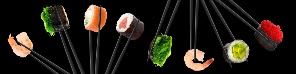 Image of Collage of different sushi rolls and shrimps on black background. Banner design