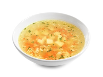 Photo of Hot vegetable soup with noodles in bowl on white background. Healthy food