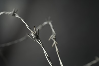 Photo of Metal barbed wire on dark grey background, closeup