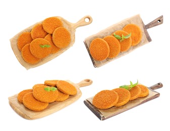Image of Set with tasty fried breaded cutlets on white background 